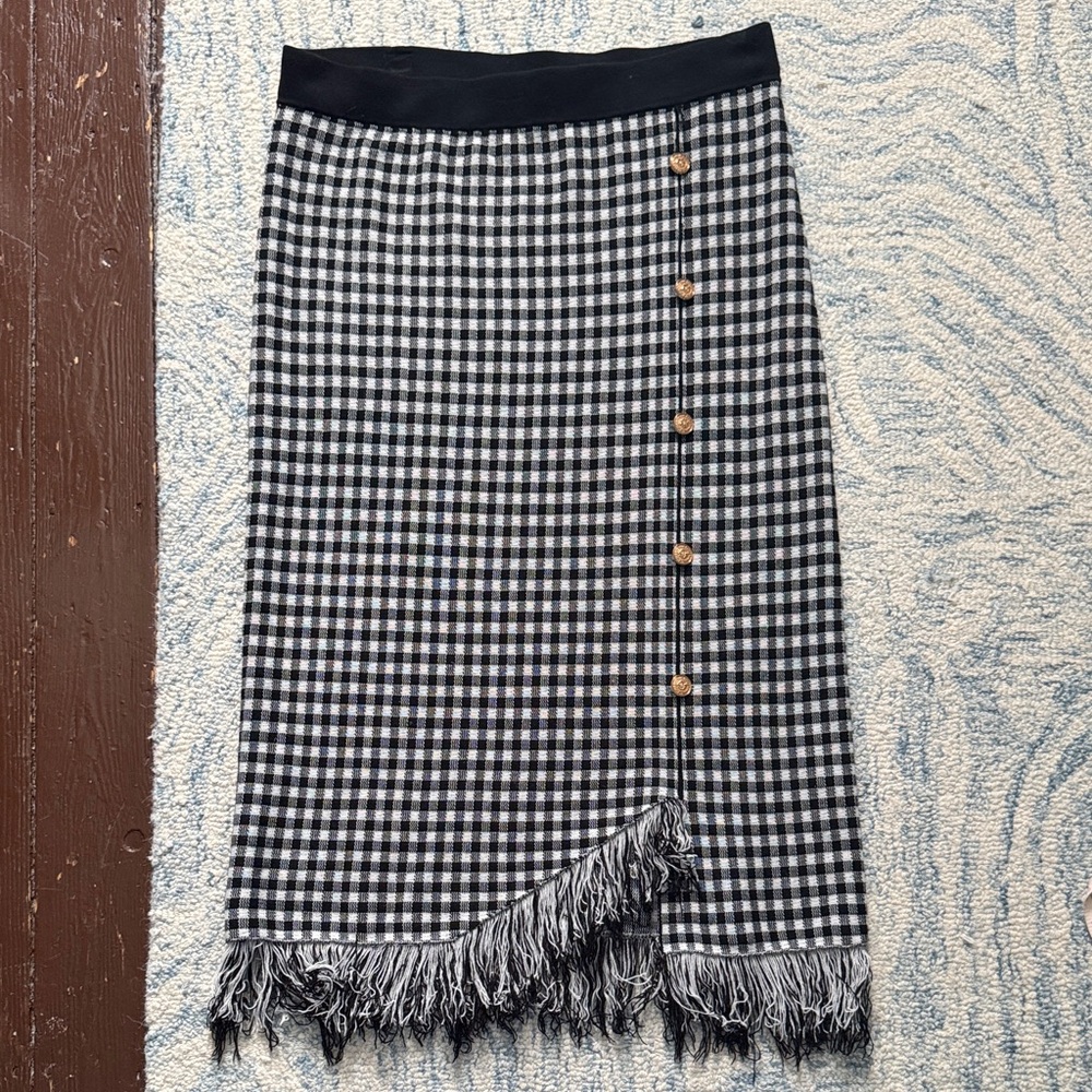 Nanette Lepore black and white checkered fringe, midi skirt, gold buttons XL